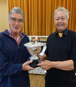 Peter Bashford presented cup to Paul Bond at the 2017 Bromley and Orpington honey show.